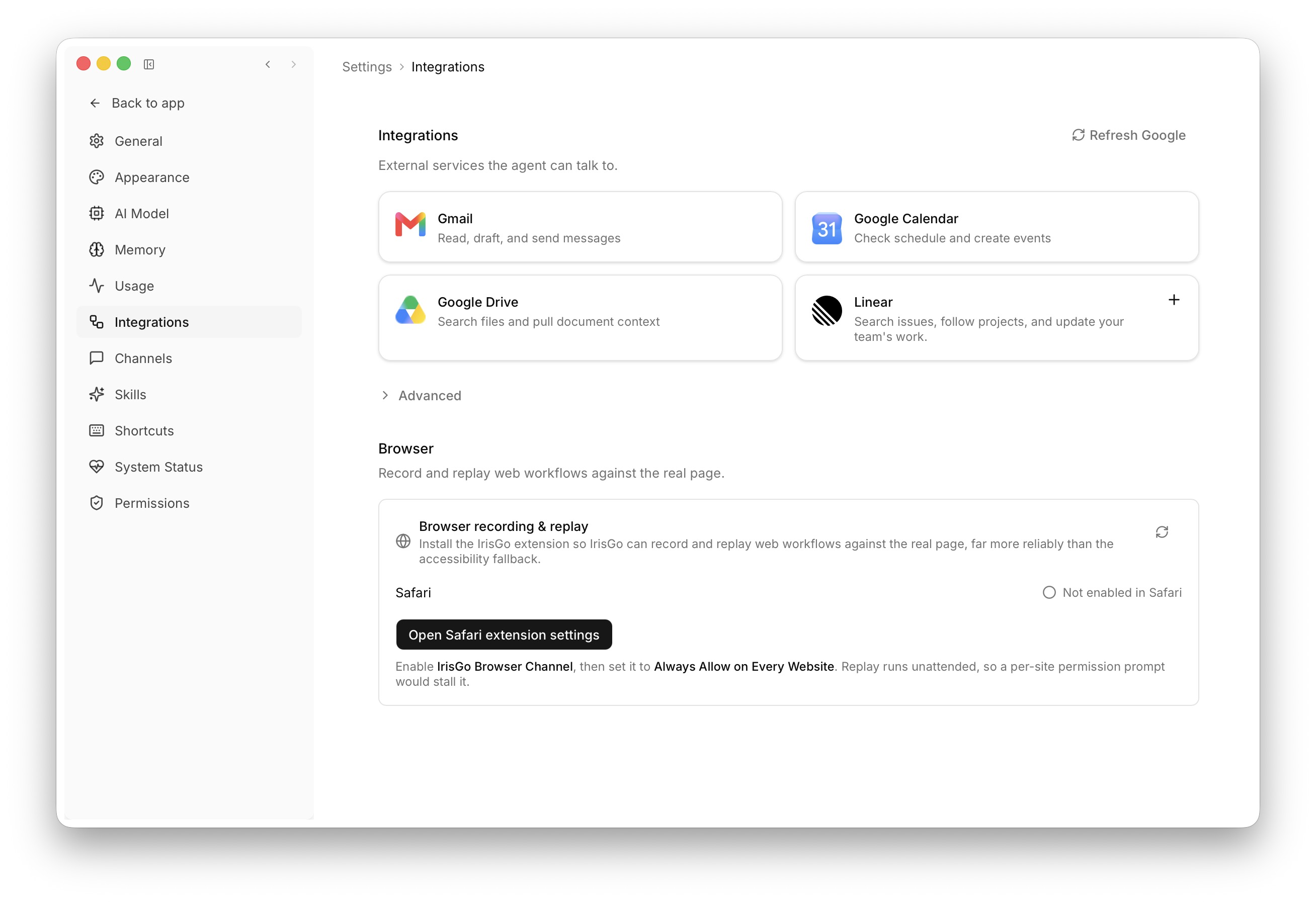 IrisGo Settings open to the Integrations page, listing Gmail, Google Calendar, Google Drive, and Linear