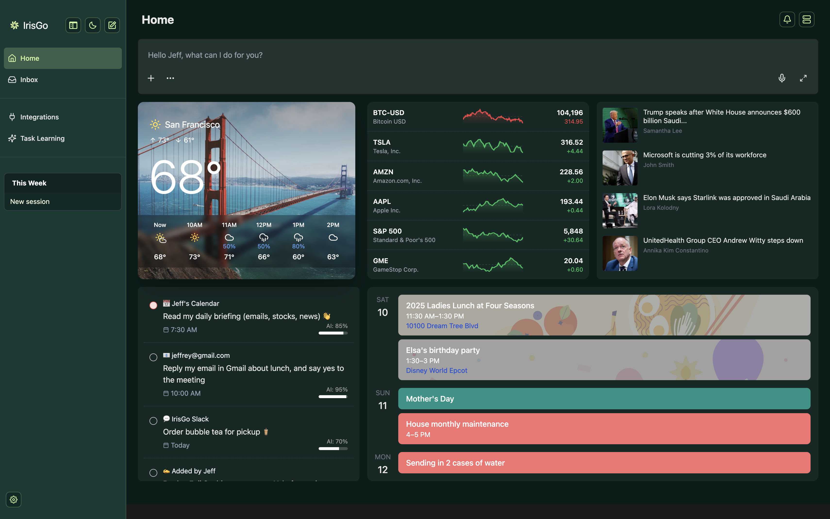 IrisGo dashboard showing weather, stocks, news, and calendar